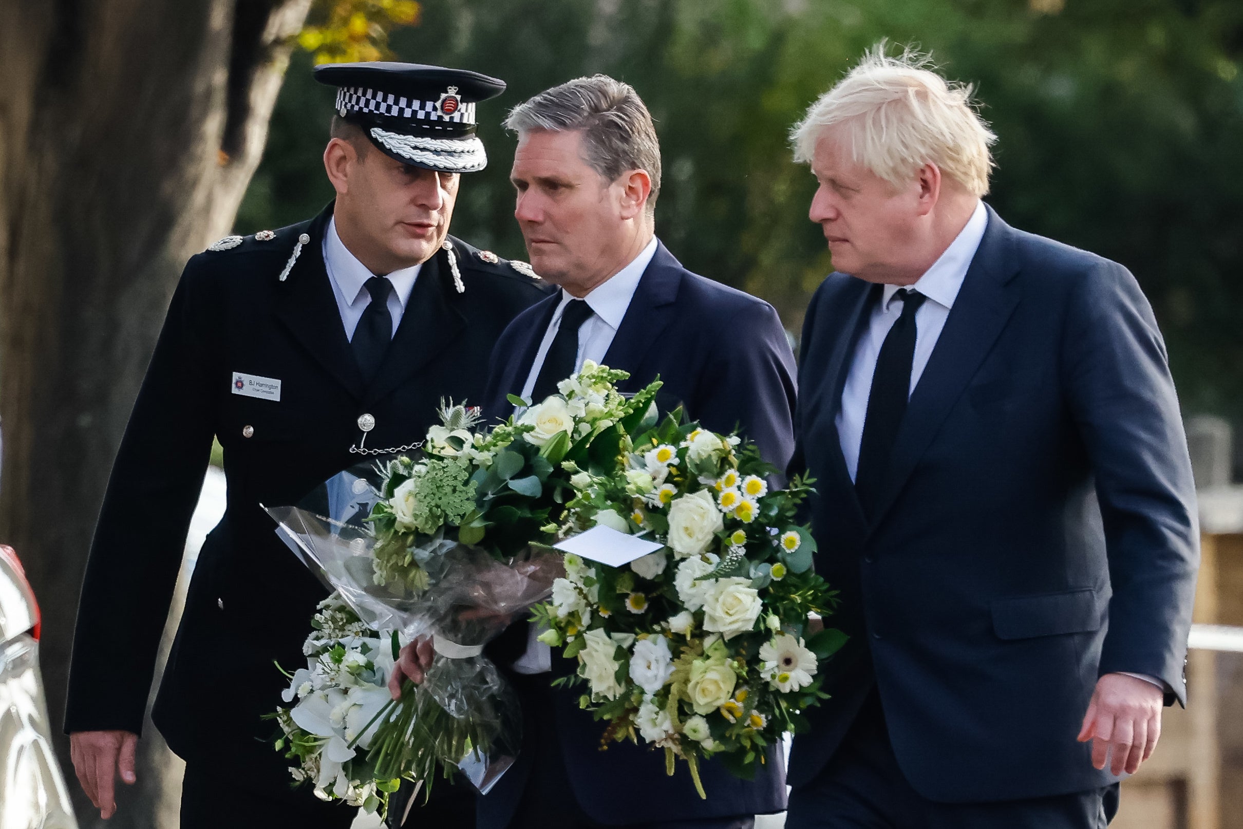 Chief Constable Ben-Julian Harrington, Labour Party leader Sir Keir Starmer and Prime Minister Boris Johnson arriving at the scene near the Belfairs Methodist Church in Eastwood Road North, Leigh-on-Sea, Essex, where Conservative MP Sir David Amess was killed