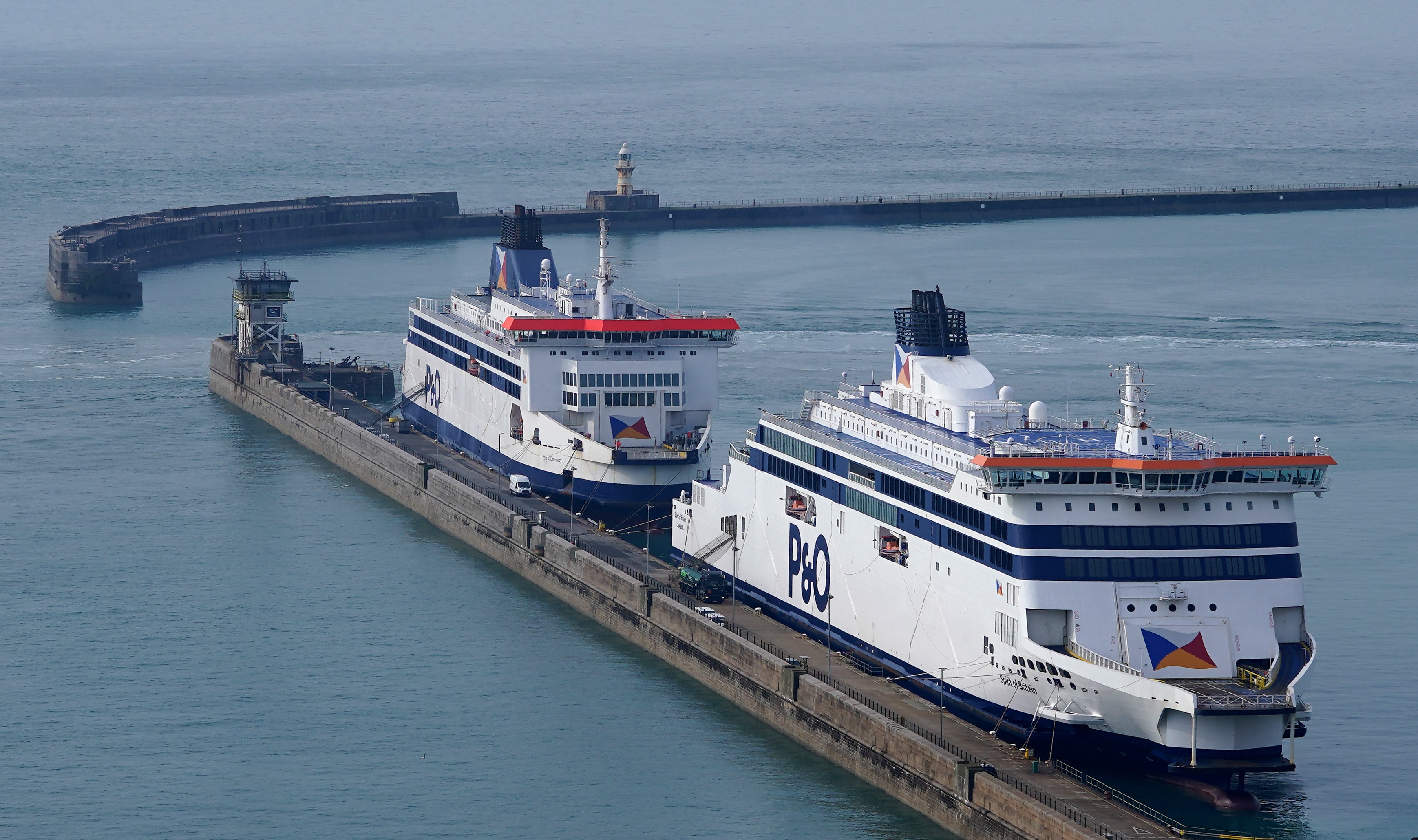 The P&O Ferries vessel Spirit of Britain (right) moored at the Port of Dover in Kent (Gareth Fuller/PA)