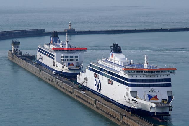 <p>The P&O Ferries vessel Spirit of Britain (right) moored at the Port of Dover in Kent (Gareth Fuller/PA)</p>