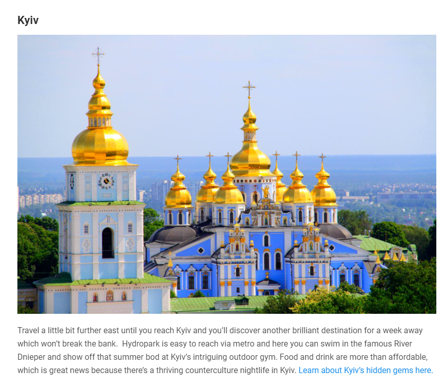 Ryanair has included Kyiv in a round-up of cheap cities to visit
