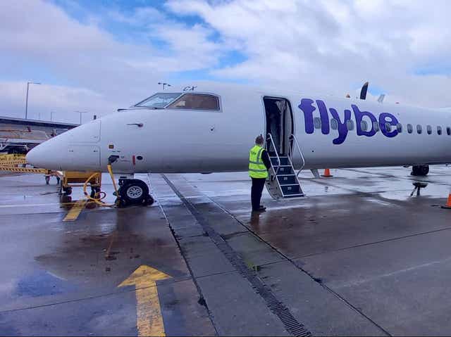 <p>Happier days: Flybe’s inaugural flight from Birmingham to Belfast City</p>
