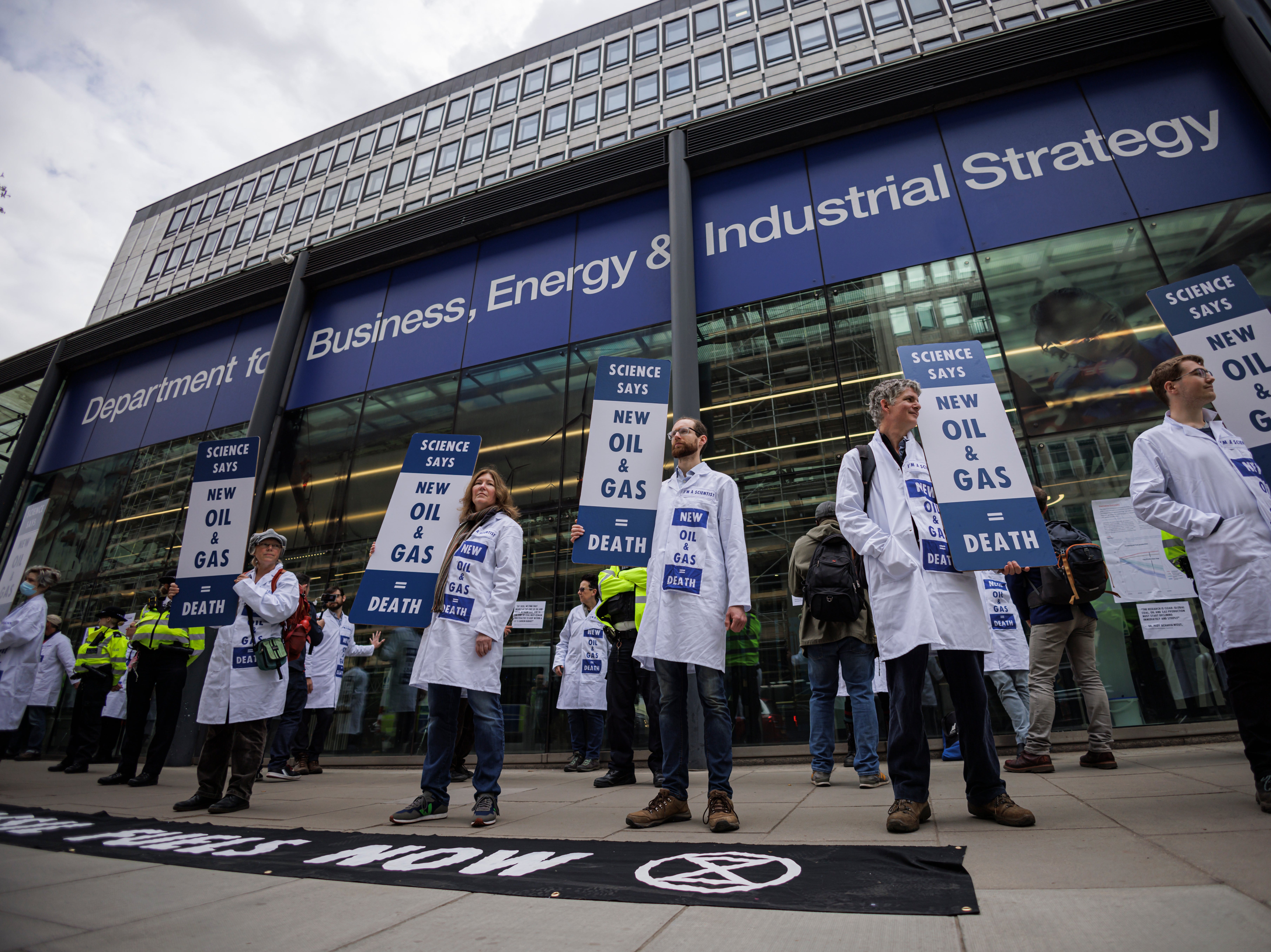 Extinction Rebellion activists protesting outside the Department for Business, Energy, and Industrial Strategy