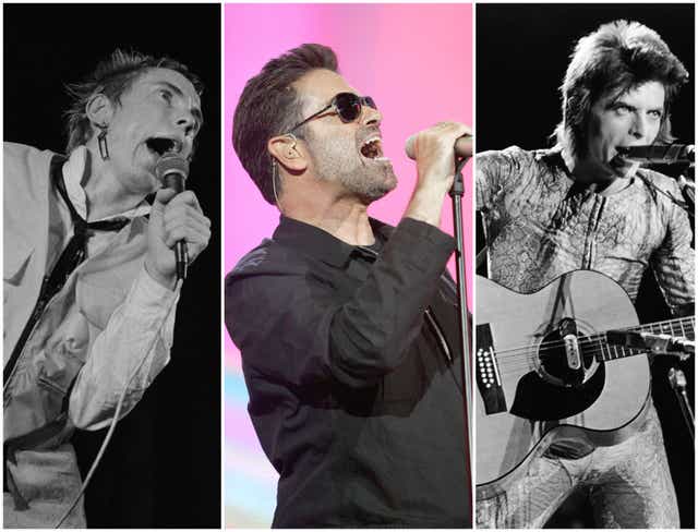 <p>L–R: John Lydon, George Michael, David Bowie</p>