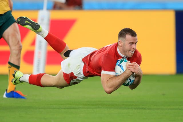 Wales’ Gareth Davies scores his sides second try during the 2019 Rugby World Cup match at the Tokyo Stadium, Japan.