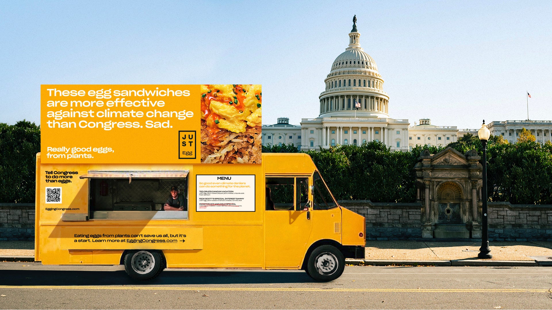 <p>Eat Just, a brand of plant-based “eggs,” is plastering a series of advertisements around Washington DC shaming members of Congress for inaction on the climate crisis</p>