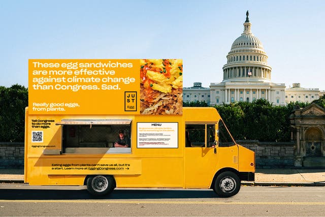 <p>Eat Just, a brand of plant-based “eggs,” is plastering a series of advertisements around Washington DC shaming members of Congress for inaction on the climate crisis</p>