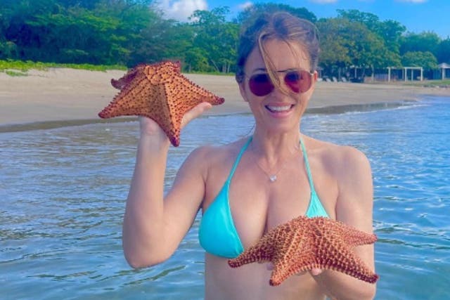 <p>Elizabeth Hurley receives backlash for posing with starfish in beach photo</p>