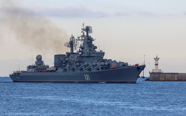 <p>The Russian Navy's guided missile cruiser Moskva sails back into a harbour after tracking NATO warships in the Black Sea, in the port of Sevastopol, Crimea November 16, 2021</p>