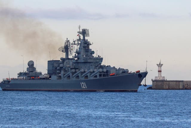 <p>The Russian Navy's guided missile cruiser Moskva sails back into a harbour after tracking NATO warships in the Black Sea, in the port of Sevastopol, Crimea November 16, 2021</p>
