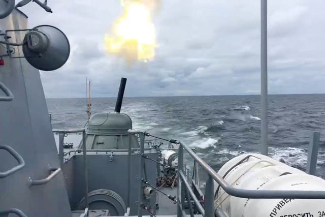 <p>A view shows a warship of the Russian Navy during artillery fire drills in the Baltic Sea, in this still image taken from video released on 27 January</p>