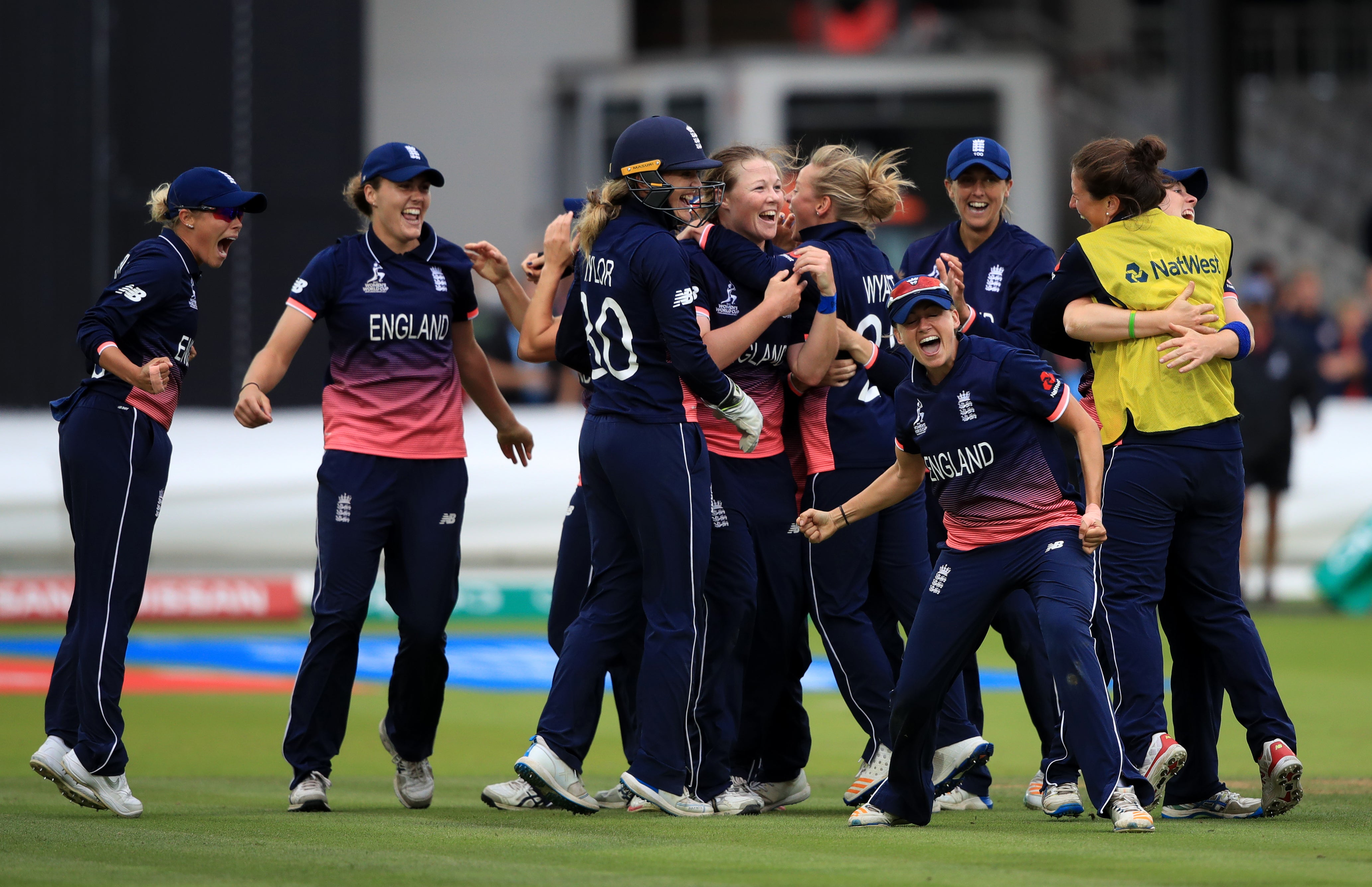 England players celebrate with match-winner Anya Shrubsole in the 2017 final (John Walton/PA)