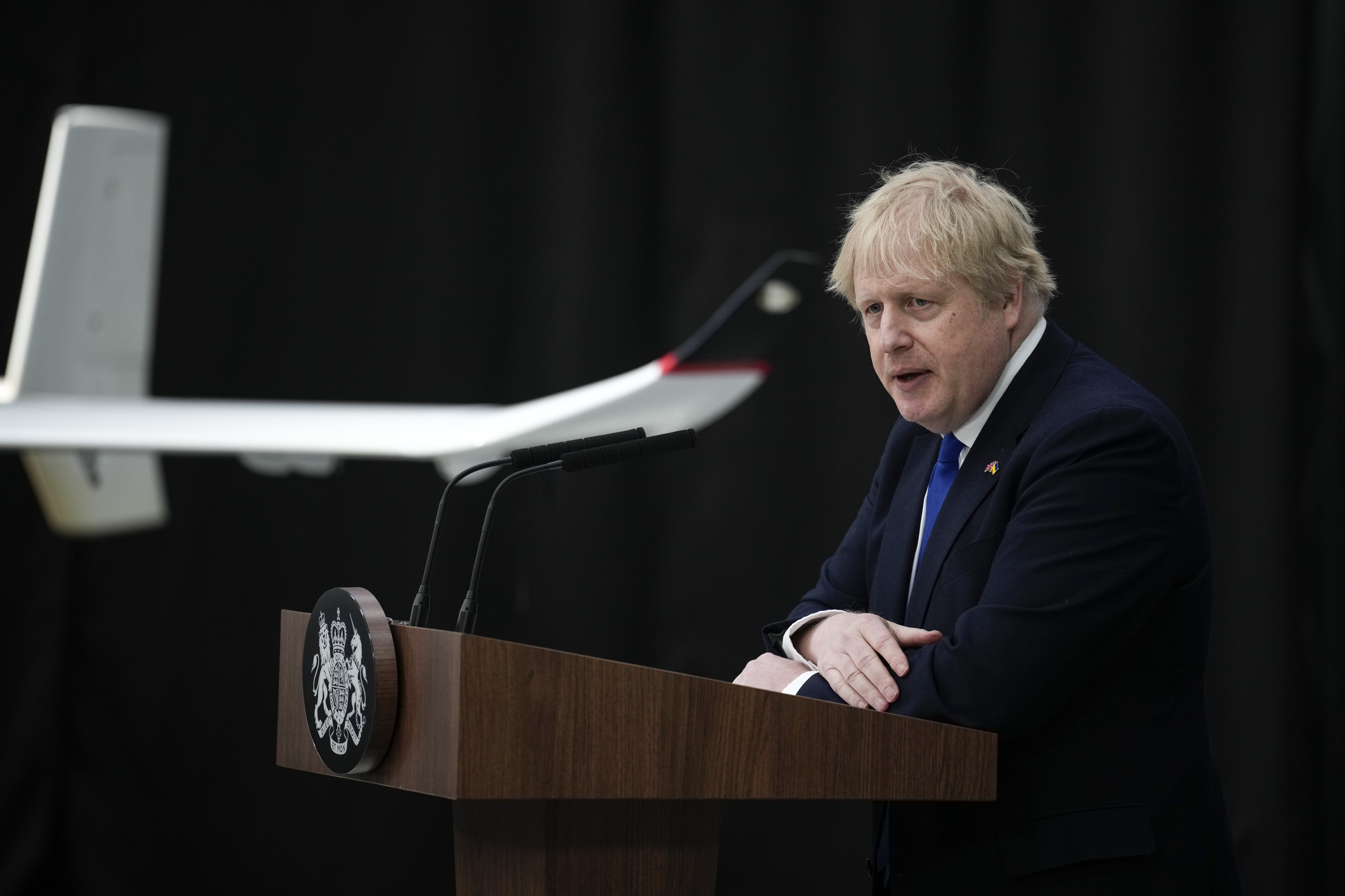 Boris Johnson delivers a speech to members of the armed services and Maritime and Coastguard Agency at Lydd airport in Kent