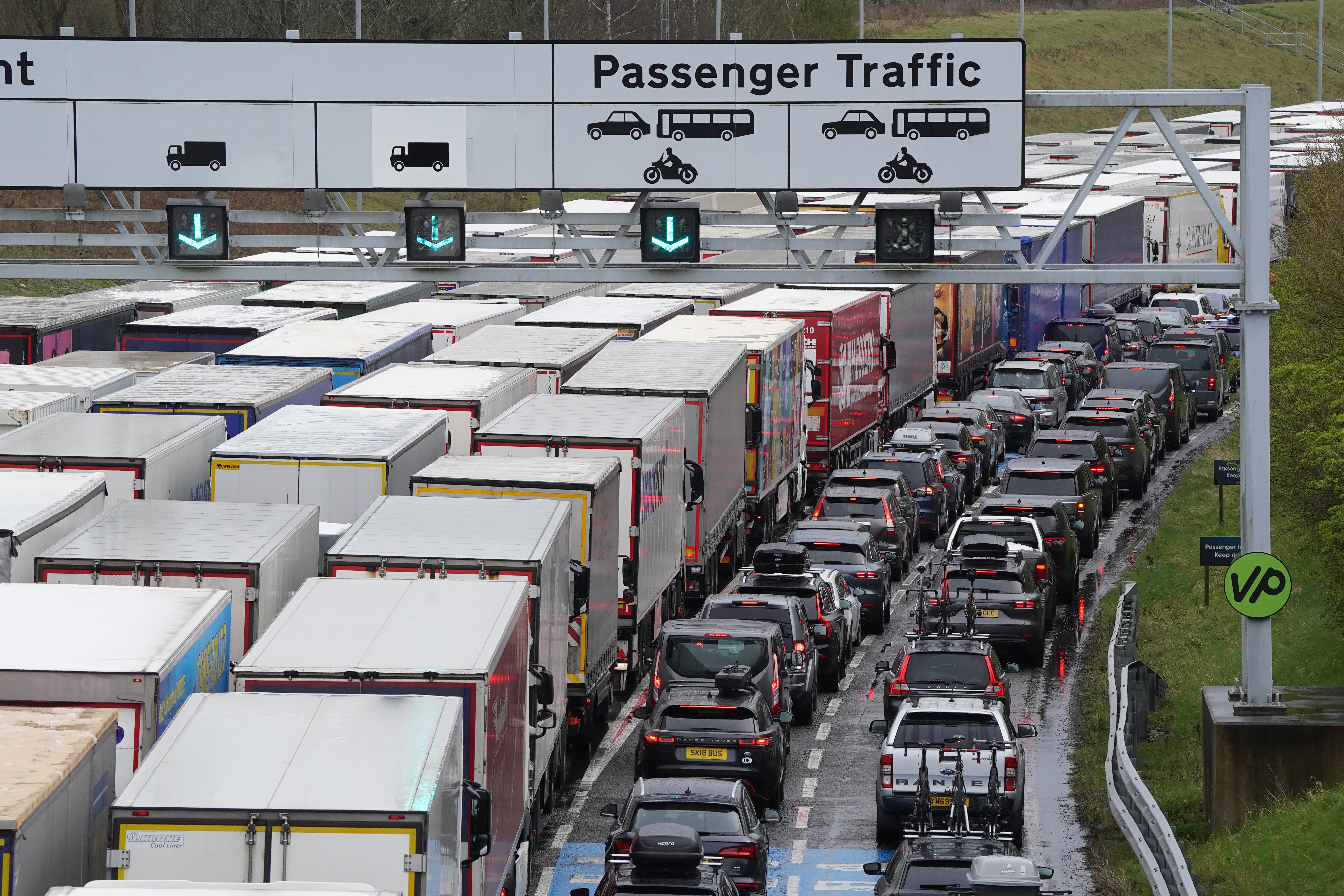 Freight and holiday traffic queue to enter the Eurotunnel site in Folkestone, Kent (Gareth Fuller/PA)