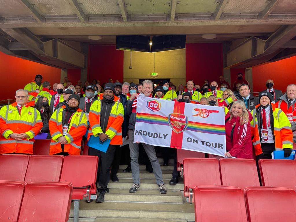 Carl Fearn (centre) is the co-chair of Gay Gooners, Arsenal’s LGBT+ supporters group.