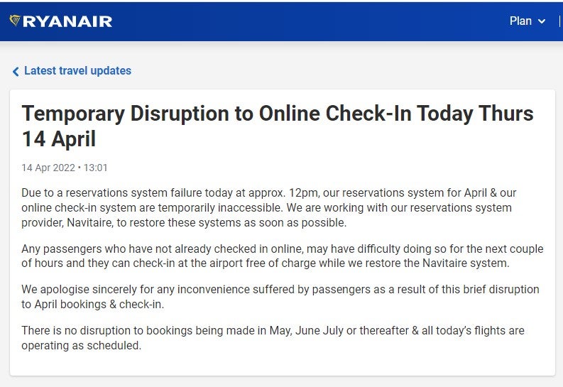 The message on Ryanair’s website