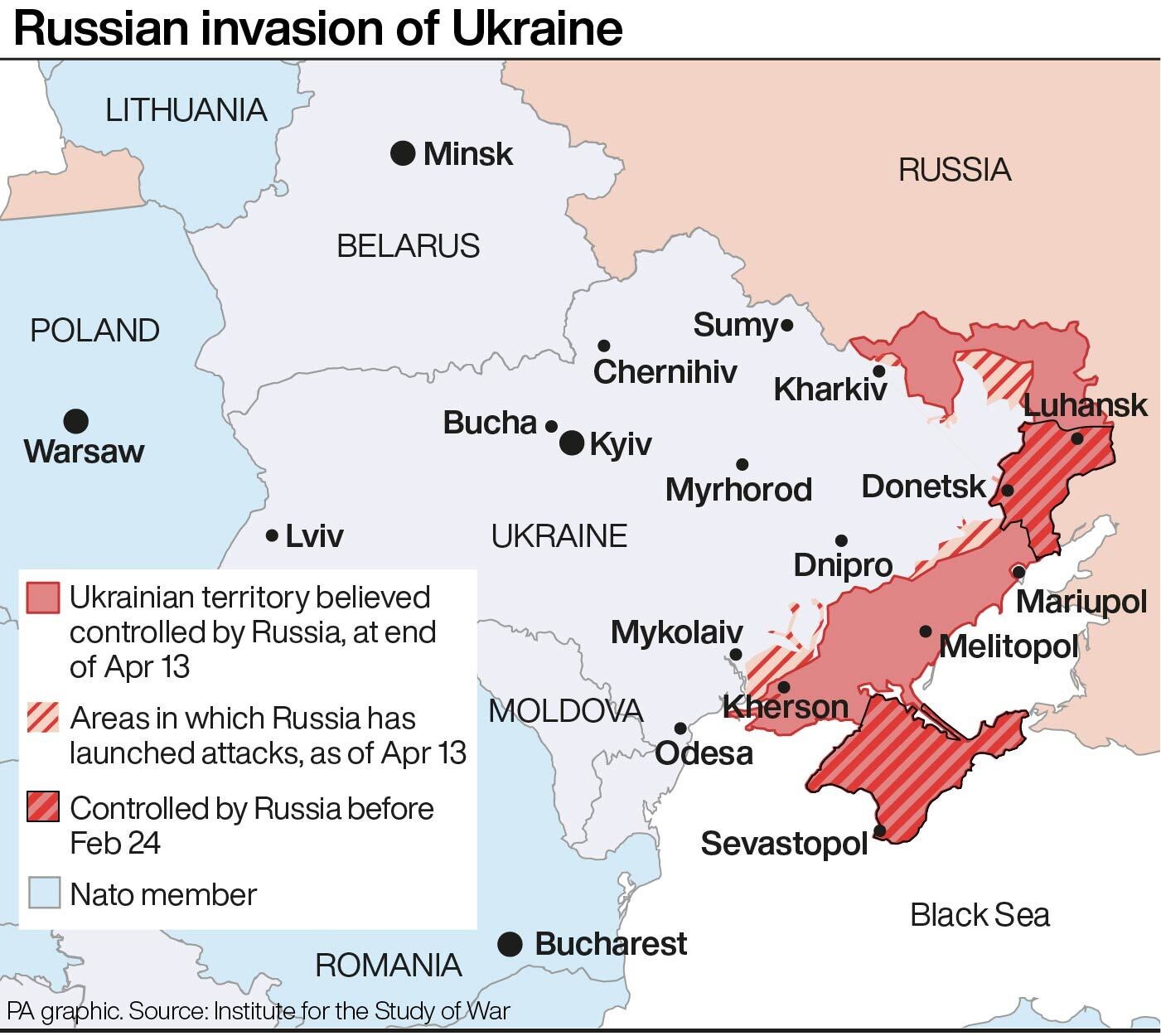 This map shows the extent of the Russian invasion of Ukraine as of 13 April