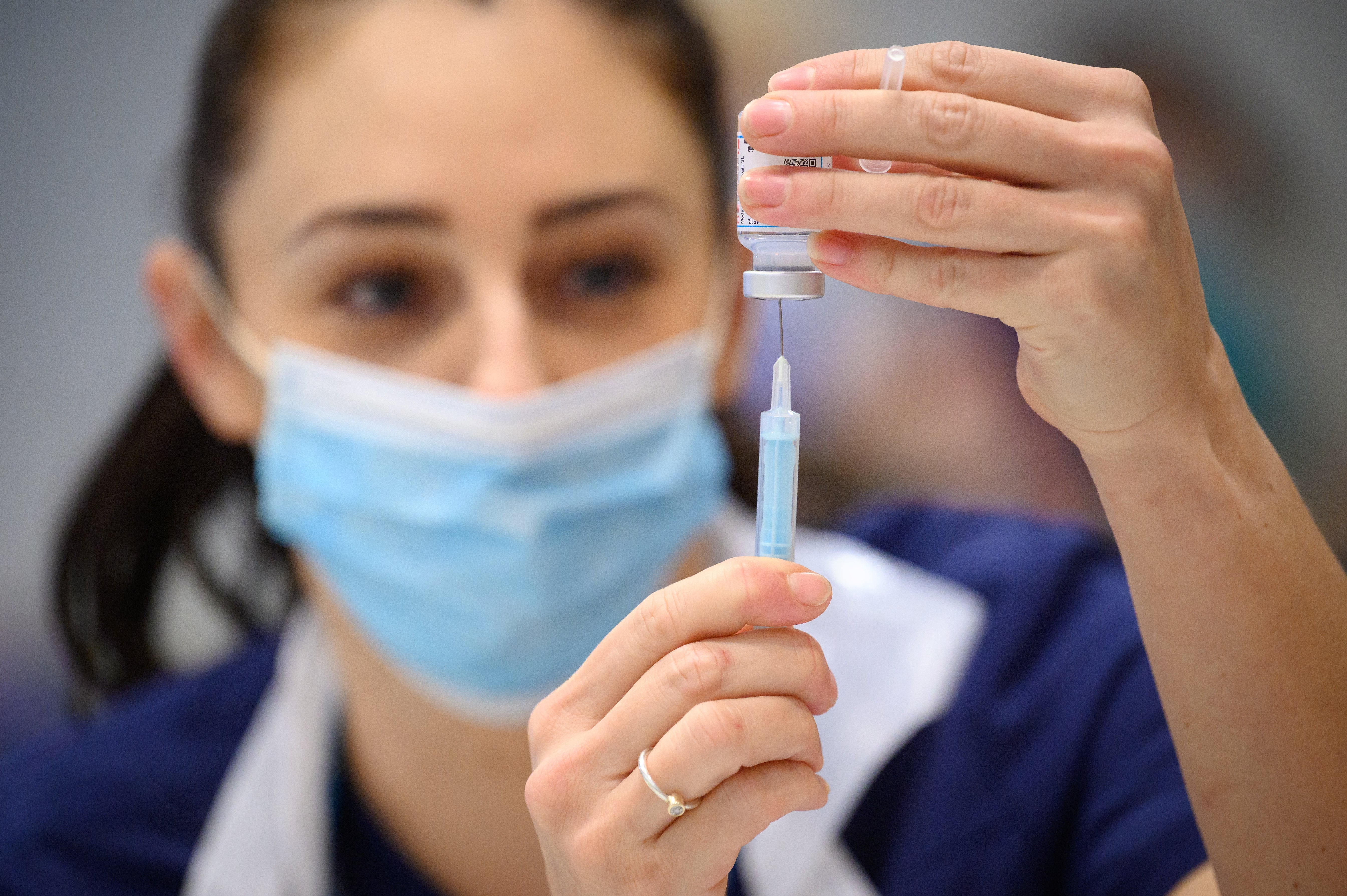 A Moderna jab is prepared at a vaccine centre near Ramsgate, Kent
