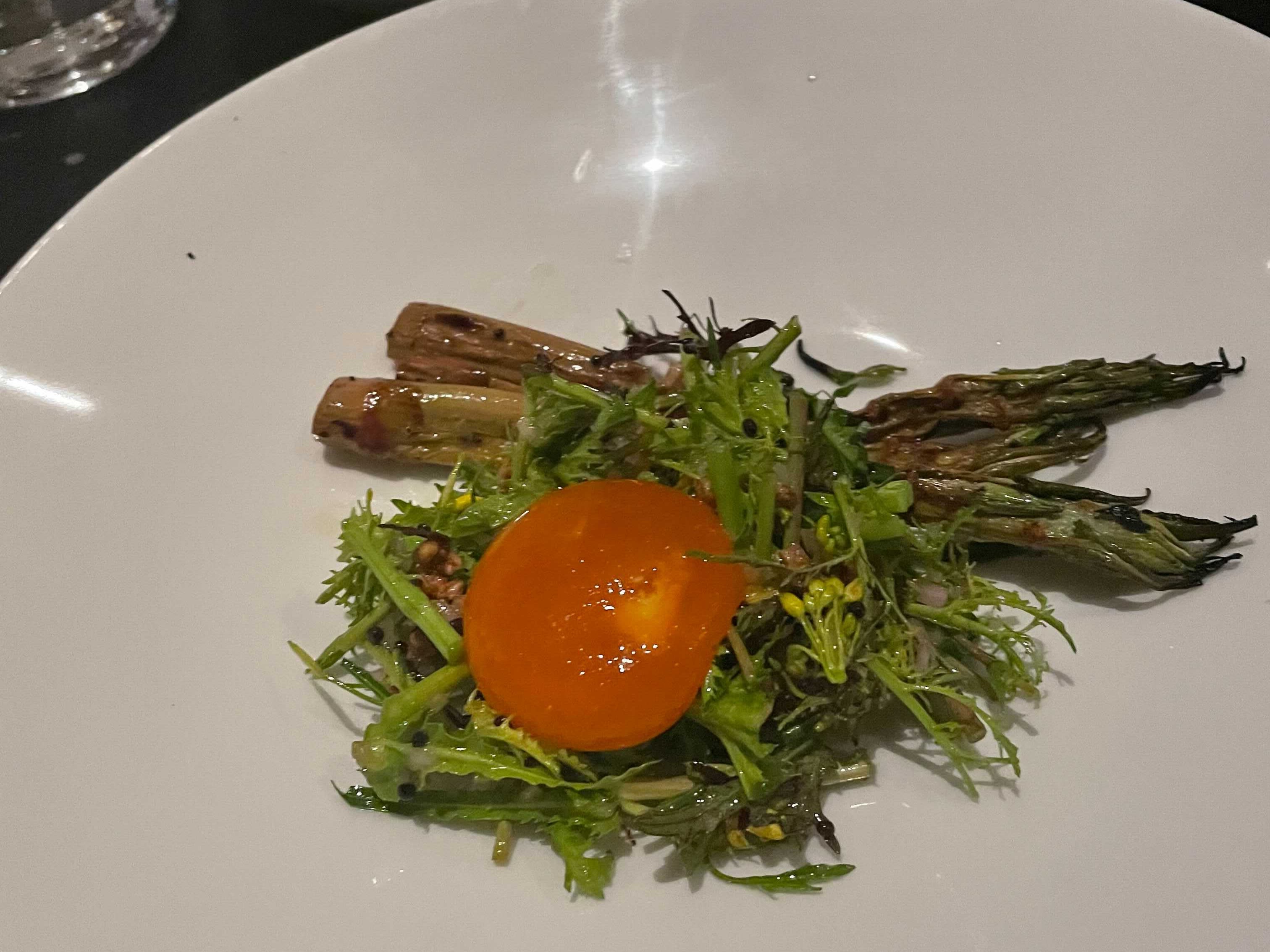 Japanese knotweed served with brassica salad and a cured egg yolk at Silo, Hackney Wick