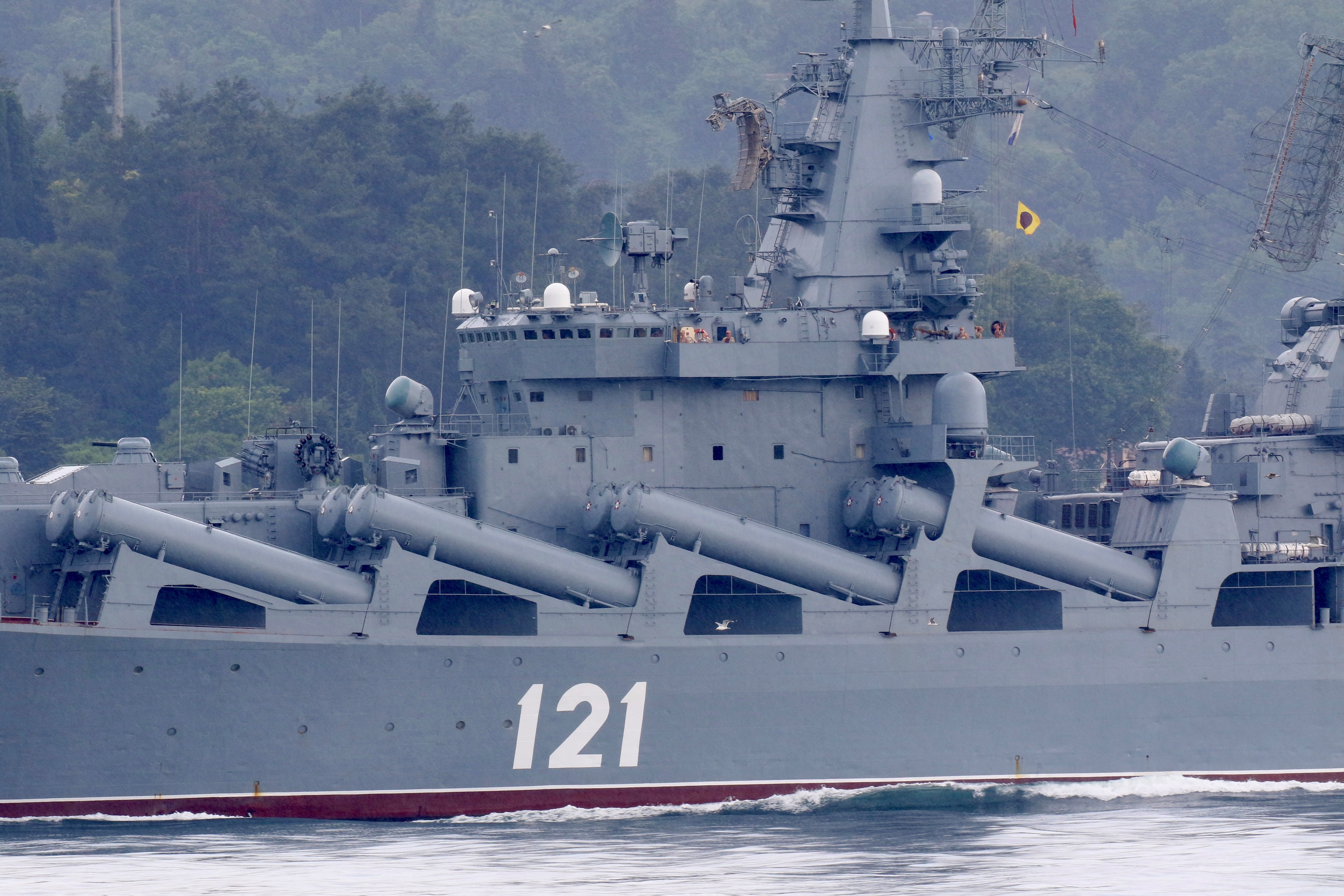 The Russian Navy’s guided missile cruiser Moskva seen last year near Turkey