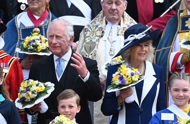 <p>Prince Charles and Camilla depart St George’s Chapel following the Maundy service at Windsor Castle</p>