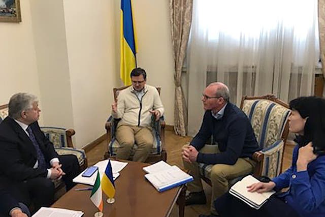 Ireland’s Minister for Foreign Affairs Simon Coveney, centre right, meeting with his Ukrainian counterpart Dmytro Kuleba, centre, in Kyiv (handout/PA)