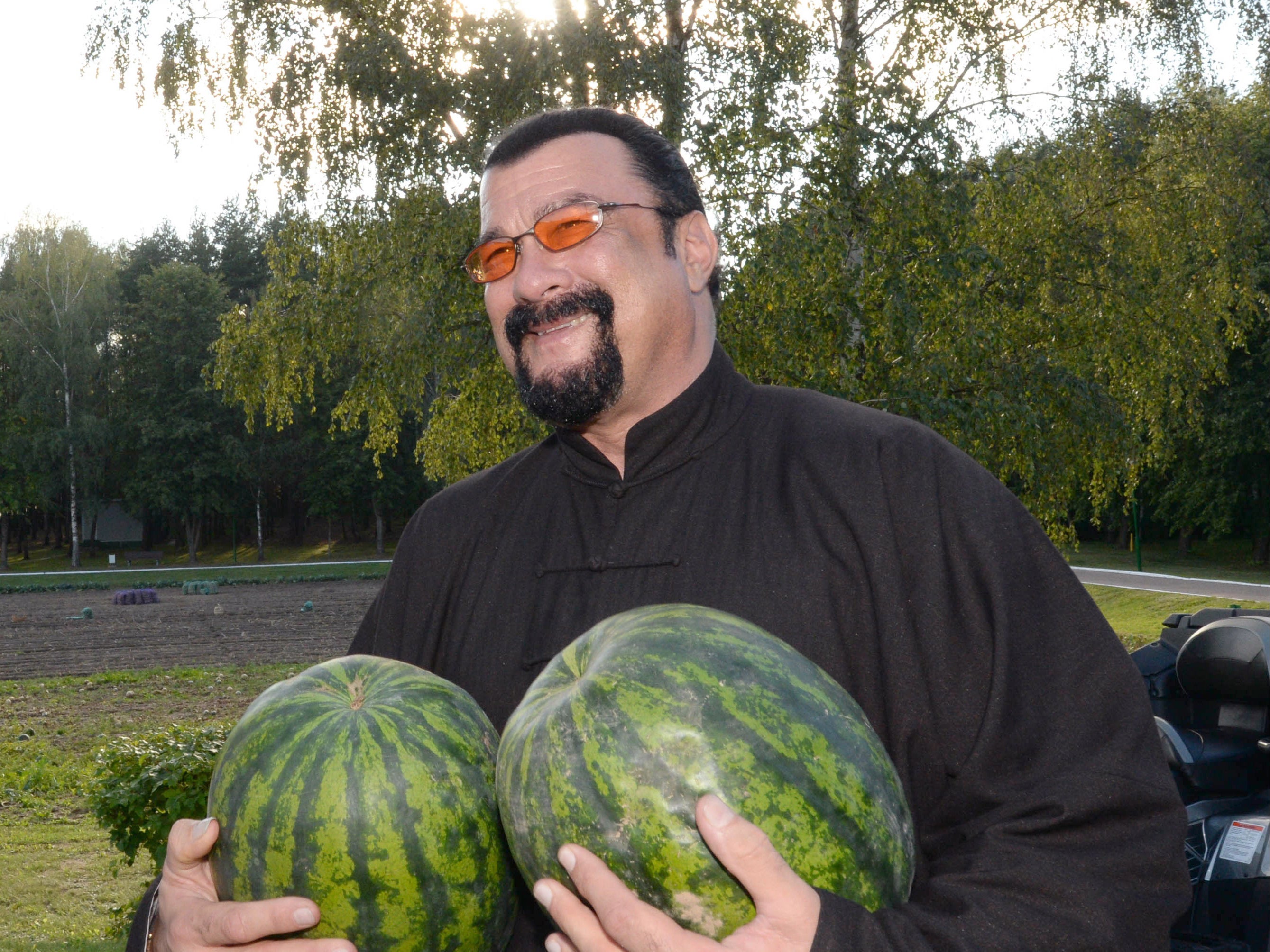 The glimmer man: Steven Seagal poses with two watermelons in 2016, the year he was granted both Serbian and Russian citizenship