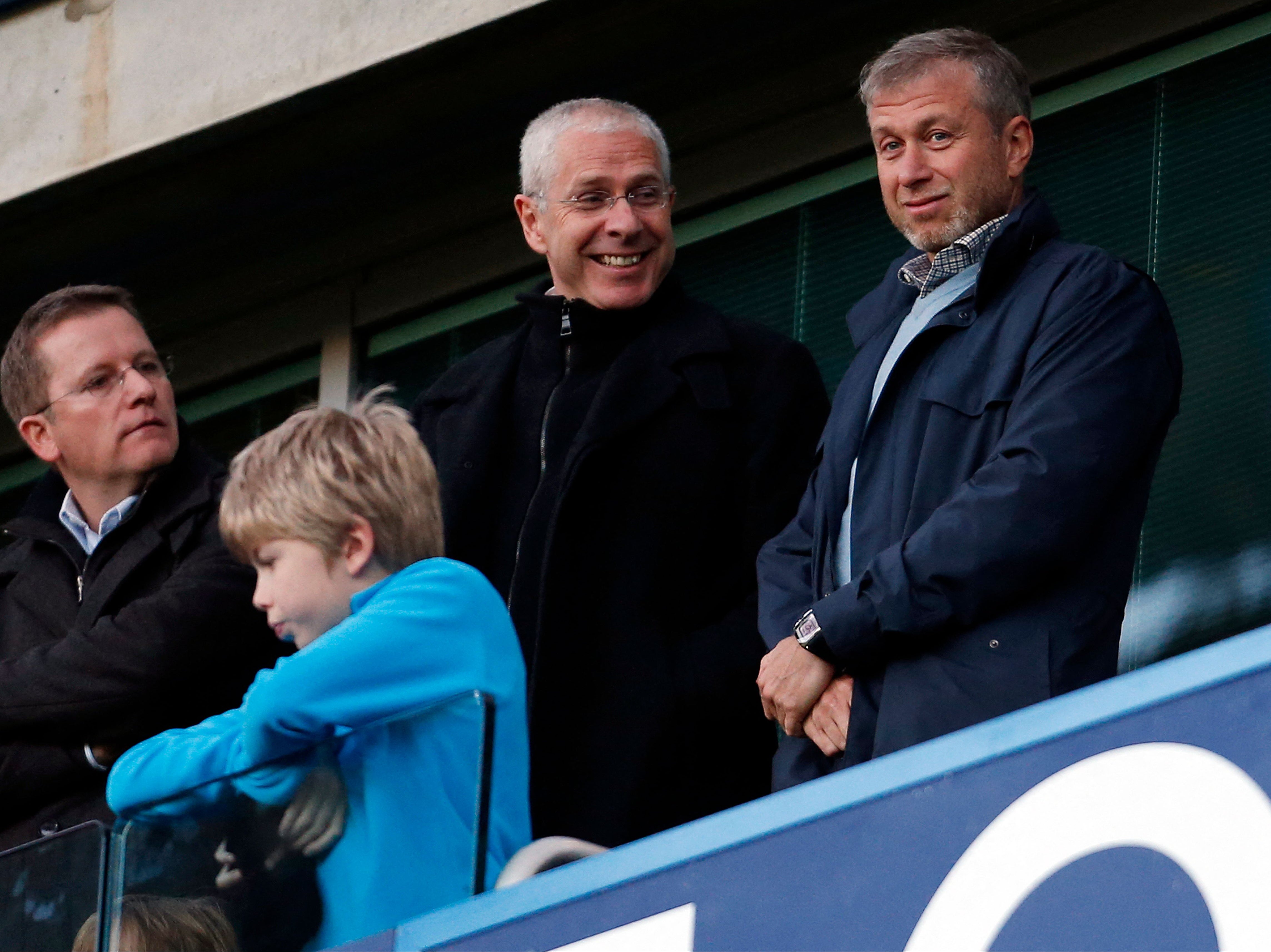 Chelsea FC owner Abramovich (far right) stands with director Tenenbaum (second from right) at Stamford Bridge in 2014