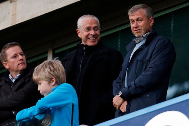 <p>Chelsea FC owner Abramovich (far right) stands with director Tenenbaum (second from right) at Stamford Bridge in 2014</p>