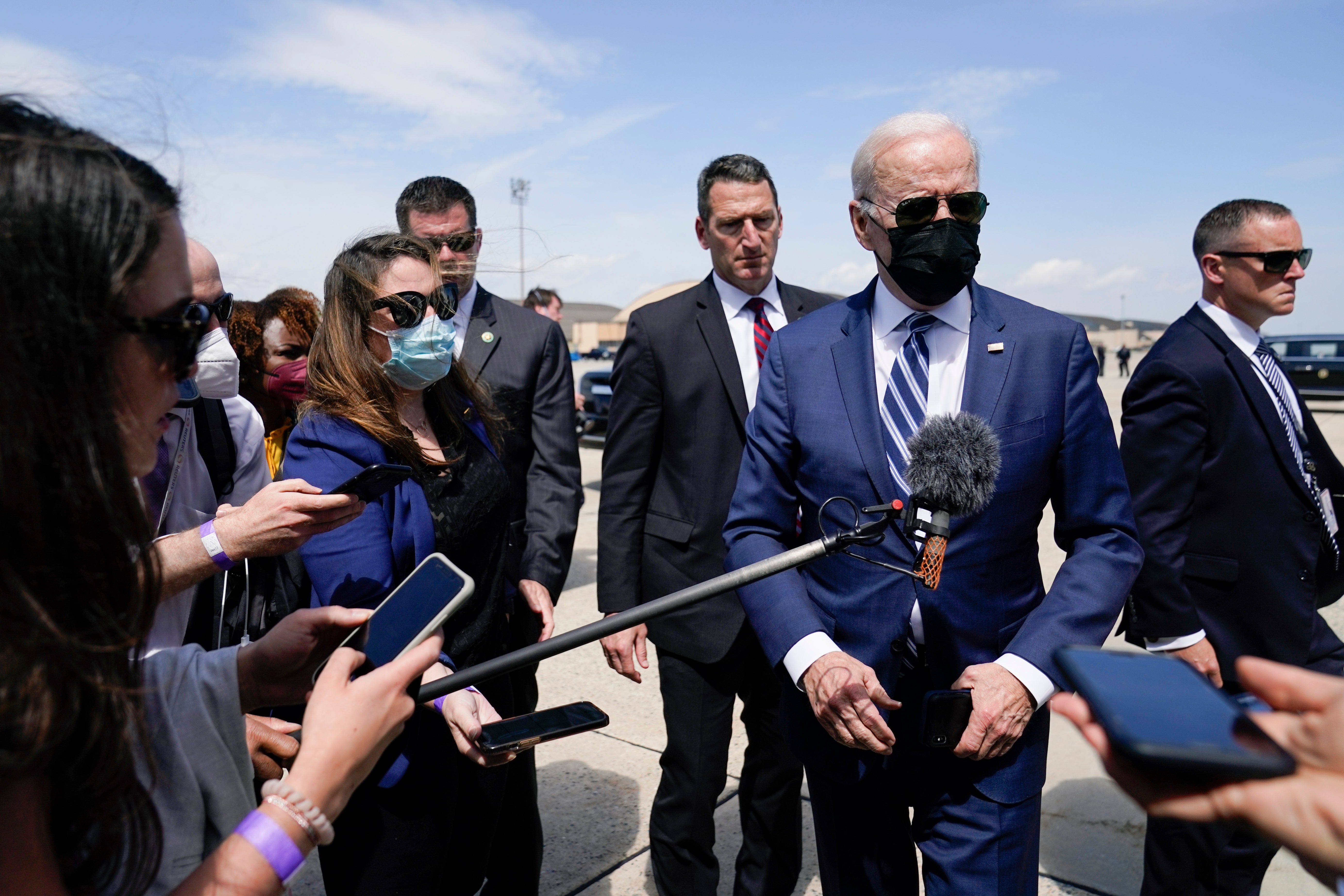 President Joe Biden speaks to members of the media before boarding Air Force One at Andrews Air Force Base, Md., en route to North Carolina Agricultural and Technical State University, in Greensboro, N.C., Thursday, April 14, 2022. (AP Photo/Carolyn Kaster)