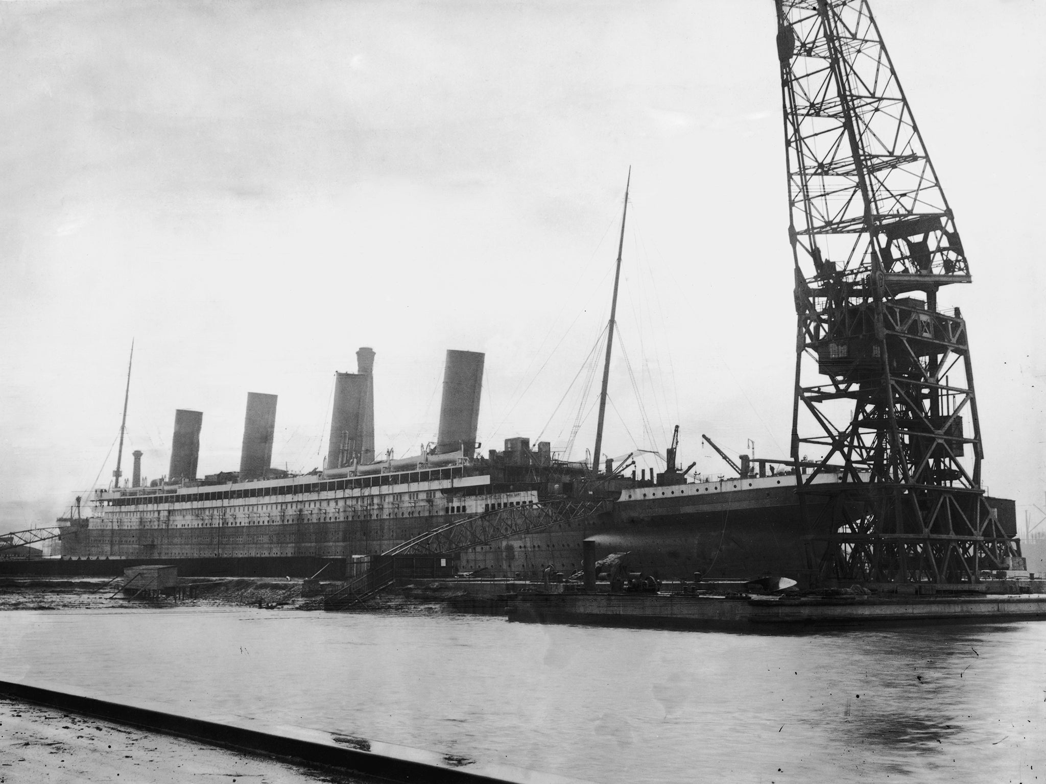 The liner Titanic in dry dock at the Harland and Wolff shipyard, Belfast, February 1912