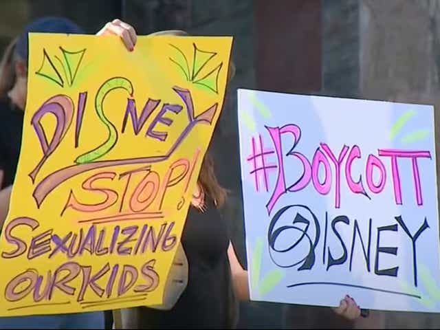 <p>A protester at an ‘anti-grooming’ really outside Walt Disney Studios in Los Angeles on 6 April </p>