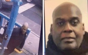 Suspect Frank James seen leaving 25 Street station on left and his ID on right