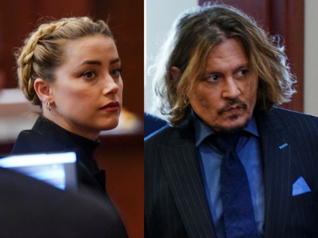 Amber Heard and Johnny Depp during their defamation trial on 14 April 2022 in Fairfax, Virginia