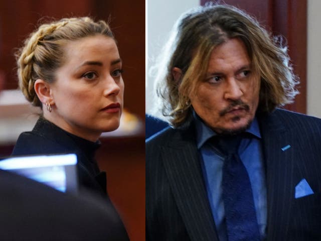 <p>Johnny Depp y Amber Heard durante su juicio de difamación el 14 de abril de 2022 en Fairfax, en Virginia</p>