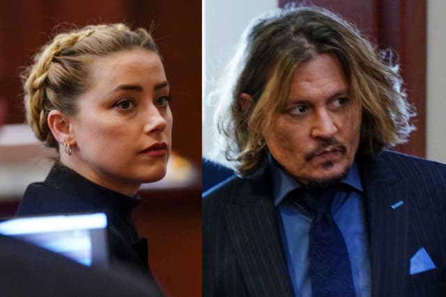 <p>Johnny Depp y Amber Heard durante su juicio de difamación el 14 de abril de 2022 en Fairfax, en Virginia</p>