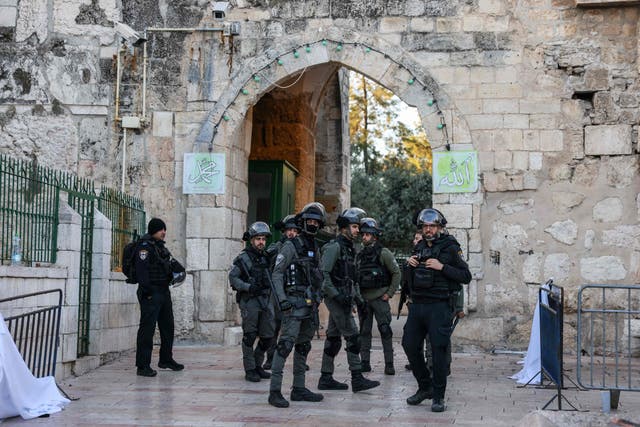 <p>Israeli security forces gather after Palestinian demonstrators and Israeli police clashed at Jerusalem’s Al-Aqsa mosque</p>