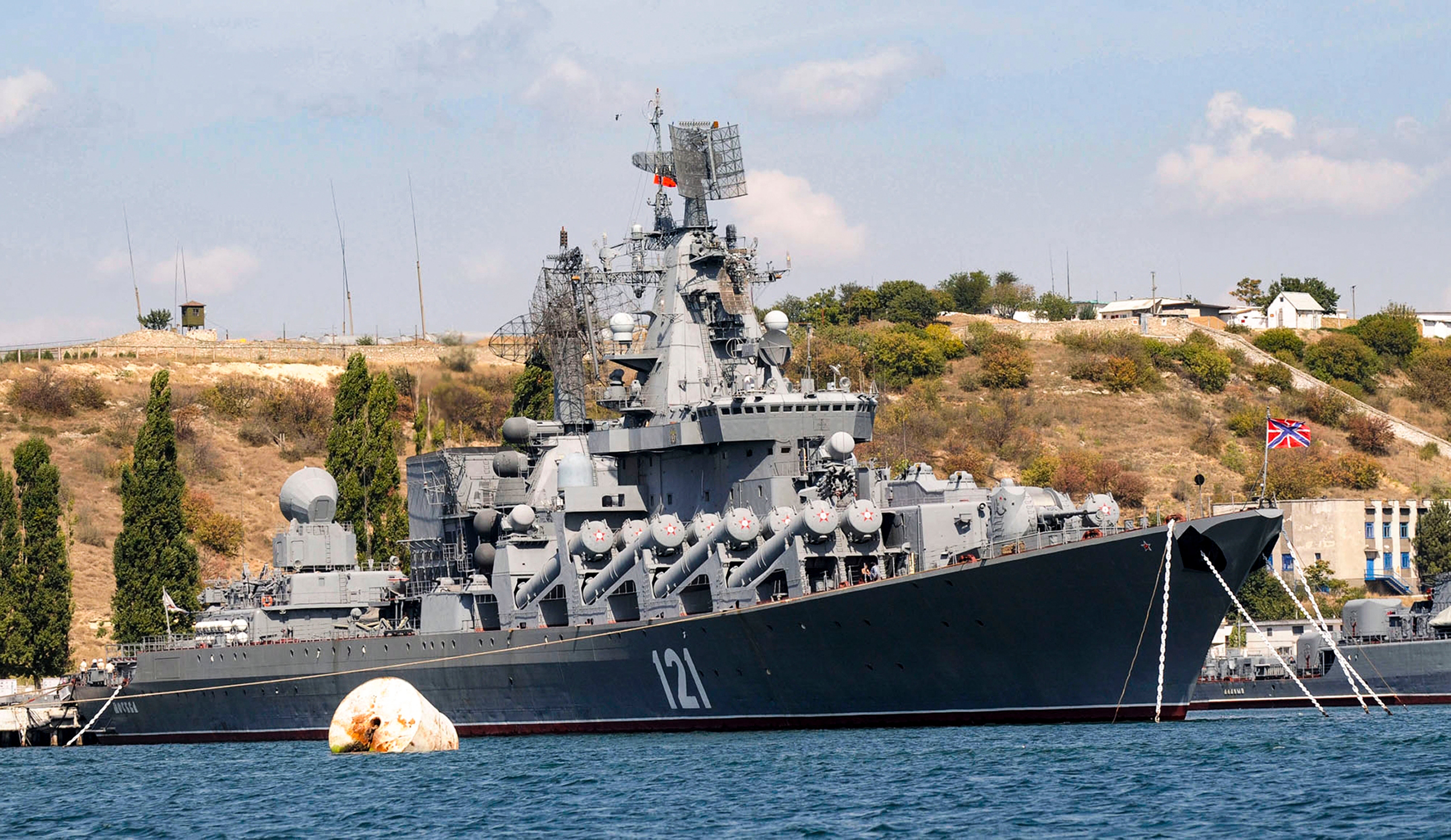The Russian missile cruiser Moskva, the flagship of Russia’s Black Sea Fleet is seen anchored in the Black Sea port