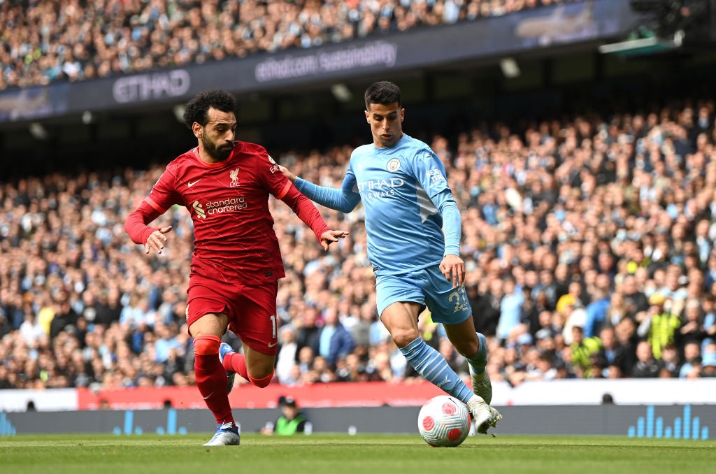 Joao Cancelo of Manchester City will lock horns once more with Mohamed Salah of Liverpool at Wembley on Saturday