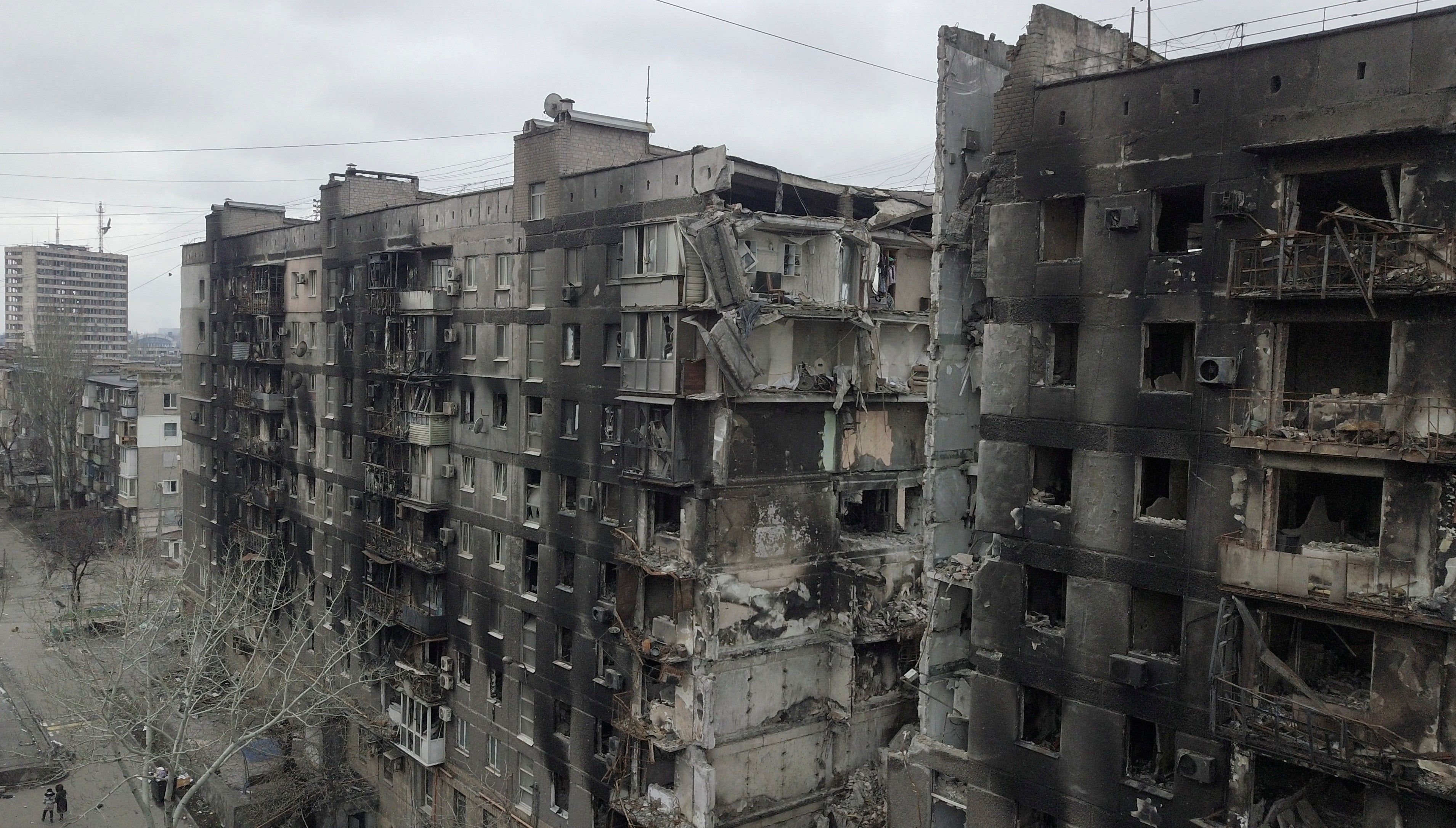 A residential building destroyed in the course of the conflict in the southern port city of Mariupol