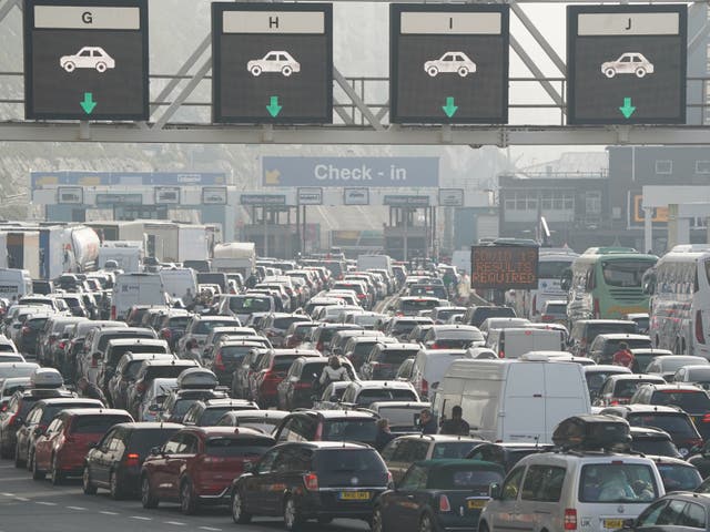 <p>Holiday traffic queues to check-in for ferries at the Port of Dover, Kent, as P&O services remain suspended during the Easter getaway</p>