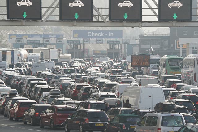 <p>Holiday traffic queues to check-in for ferries at the Port of Dover, Kent, as P&O services remain suspended during the Easter getaway</p>