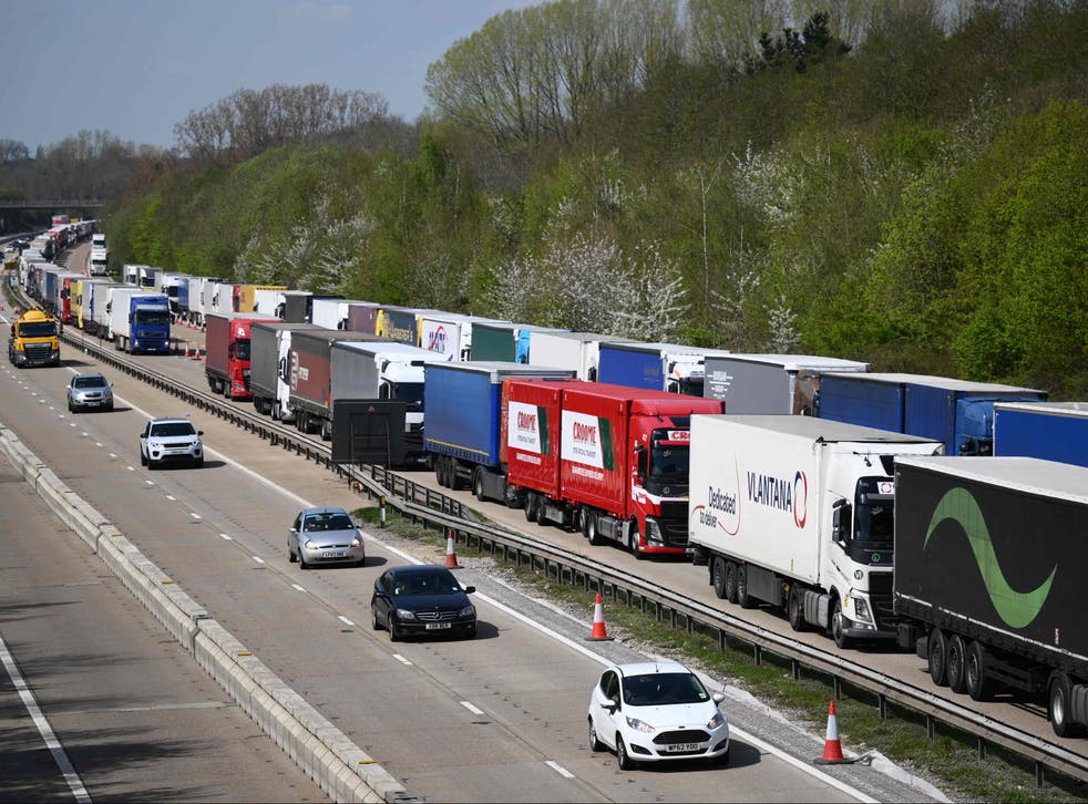 <p>Freight lorries and HGVs queued on the M20 towards Dover</p>