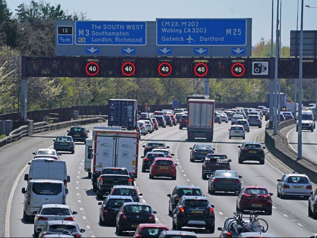 <p>Slow moving traffic on the M3 near Egham, Surrey, during the Easter getaway </p>