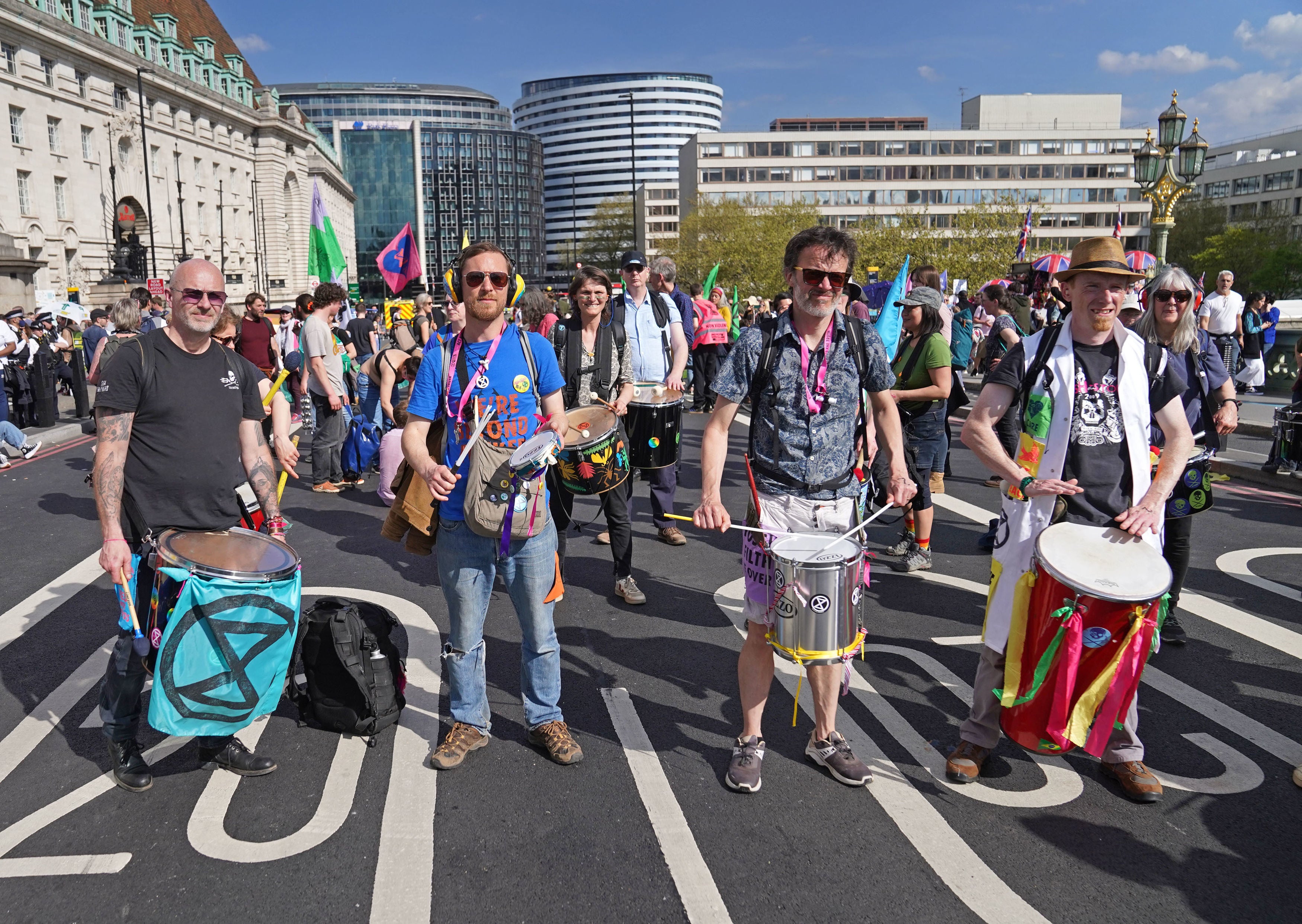 Demonstrators take part in an Extinction Rebellion protest on Westminster Bridge