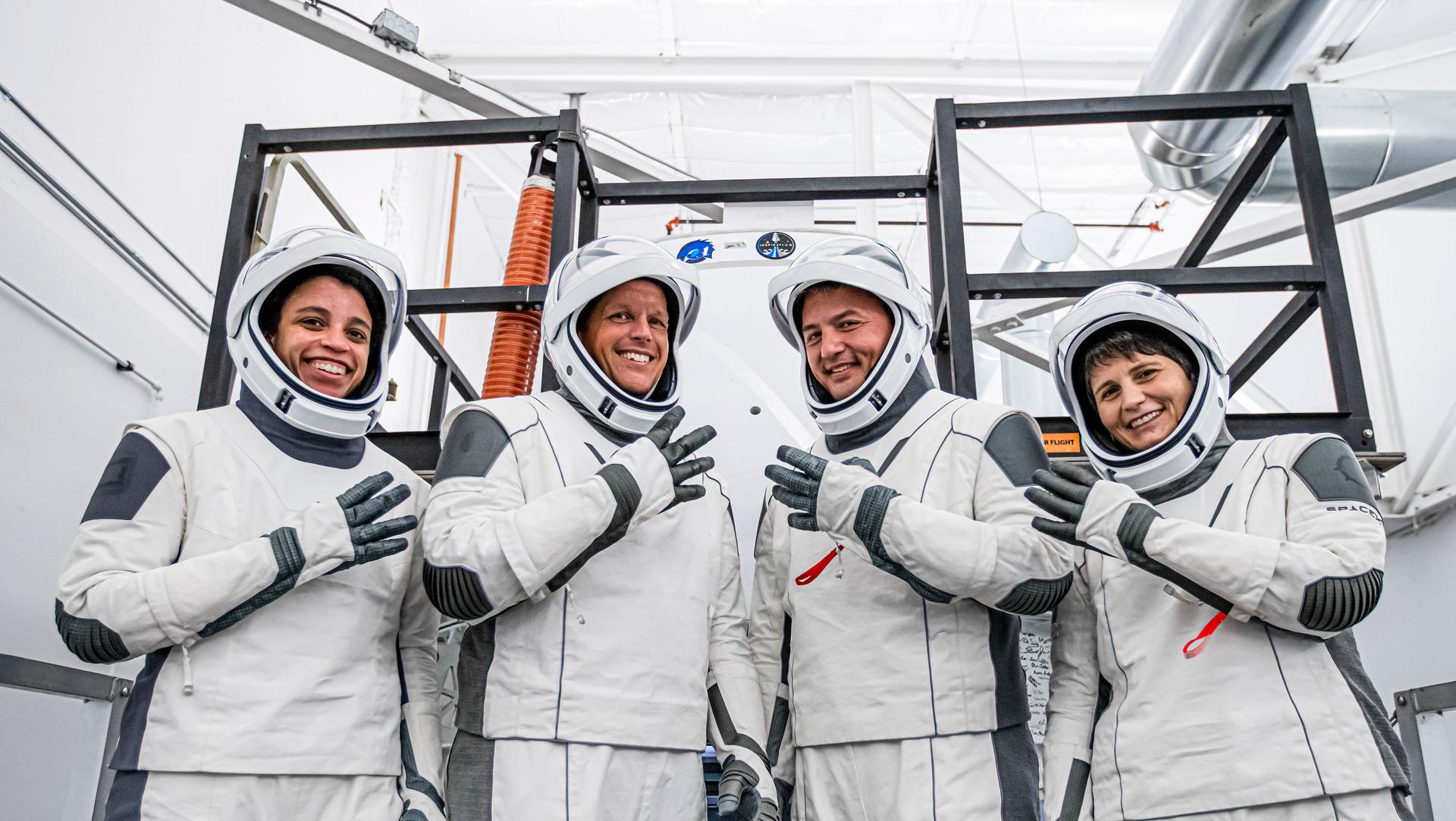 The astronauts of Nasa’s Crew-4 mission to the ISS, Jessica Watkins, Robert hines, Kjell Lindgren and ESA astronaut Samantha Cristoforetti
