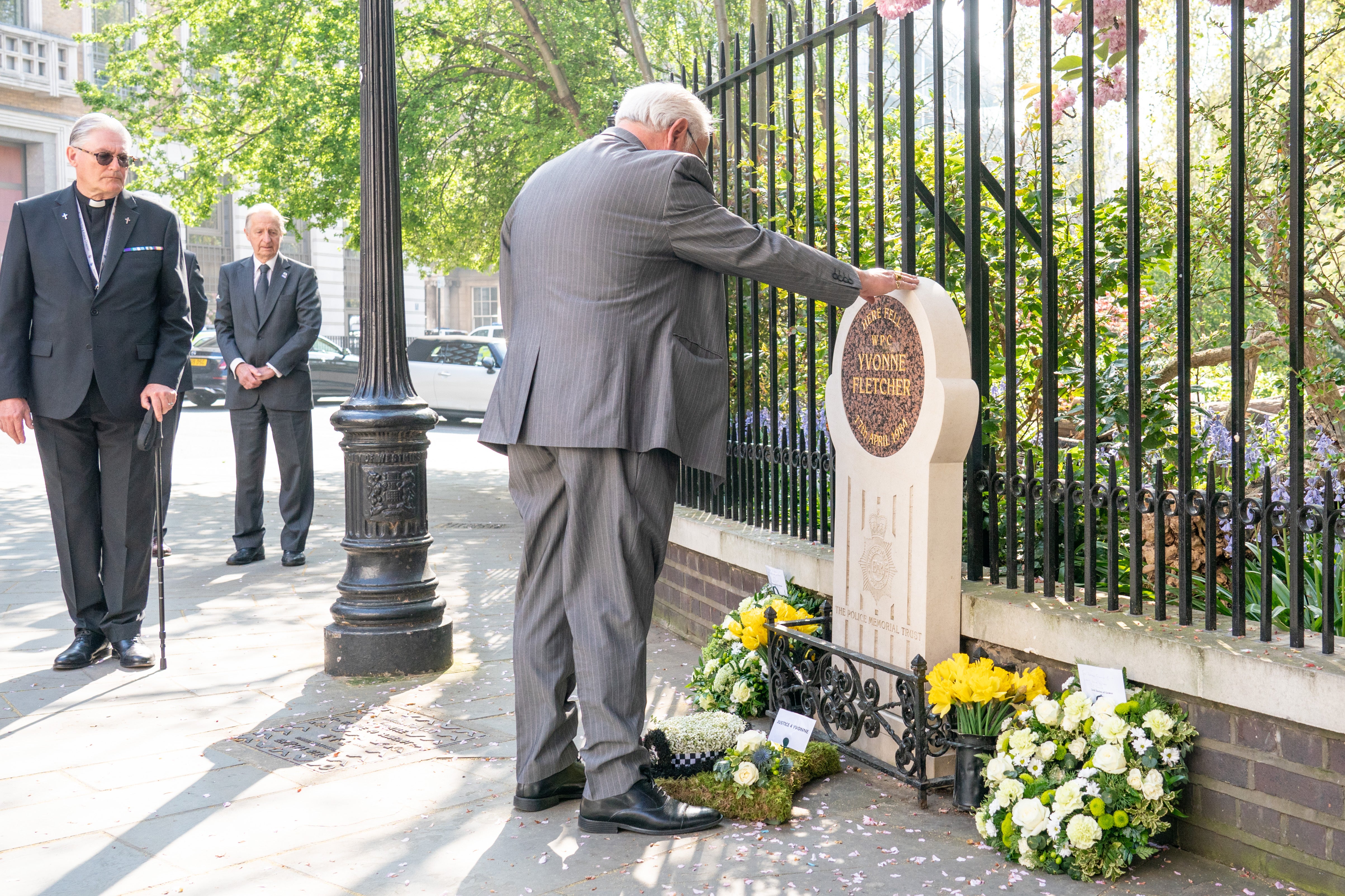 Former Metropolitan Police officer John Murray lays a wreath at a memorial service for Yvonne Fletcher (Dominic Lipinski/PA)