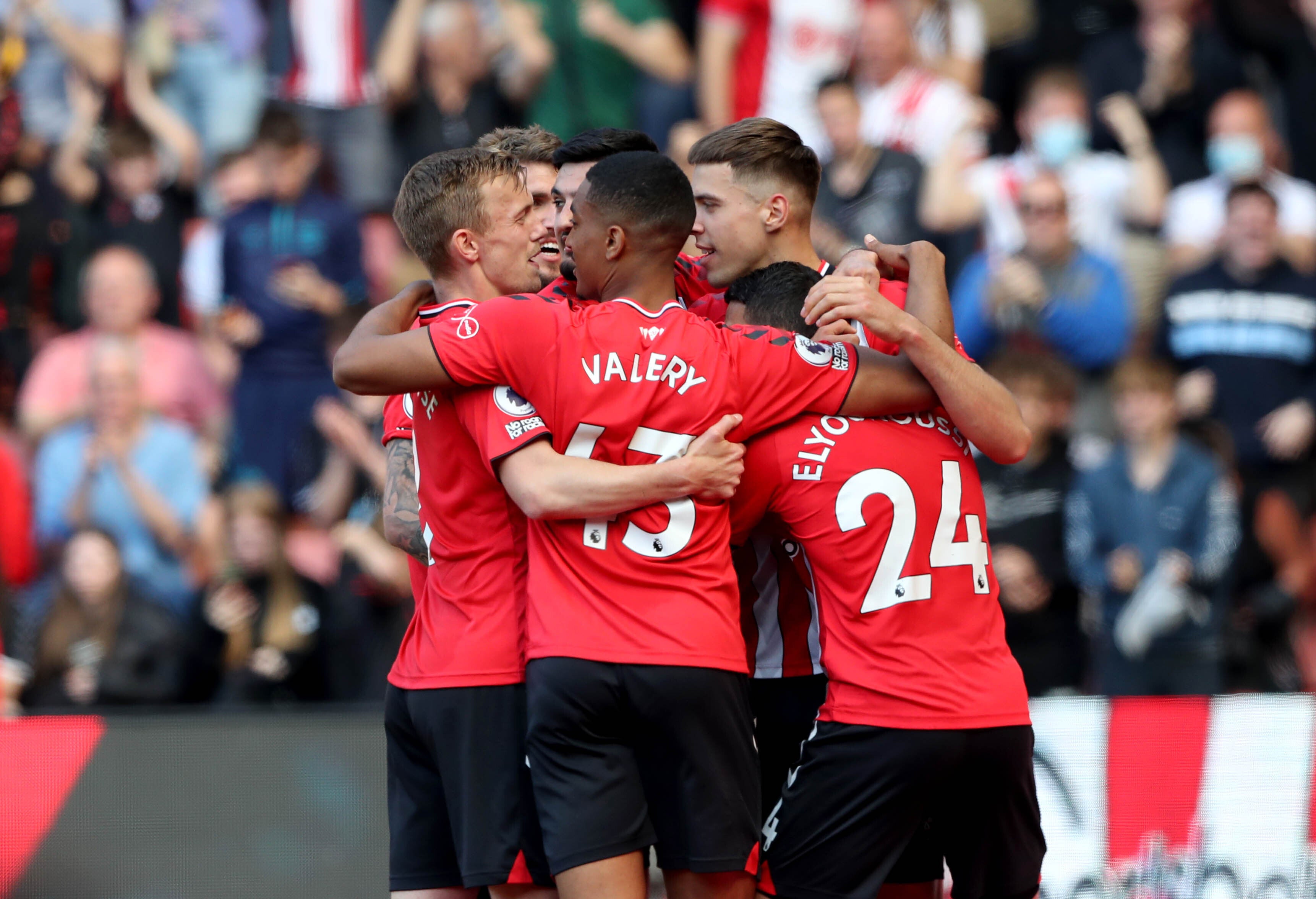 Goalscorer Jan Bednarek (second right) is congratulated by his Southampton teammates
