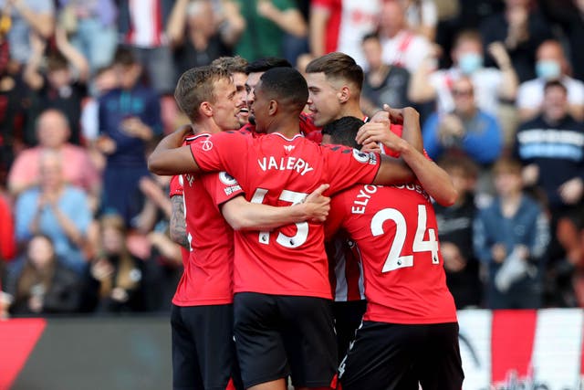 <p>Goalscorer Jan Bednarek (second right) is congratulated by his Southampton teammates  </p>