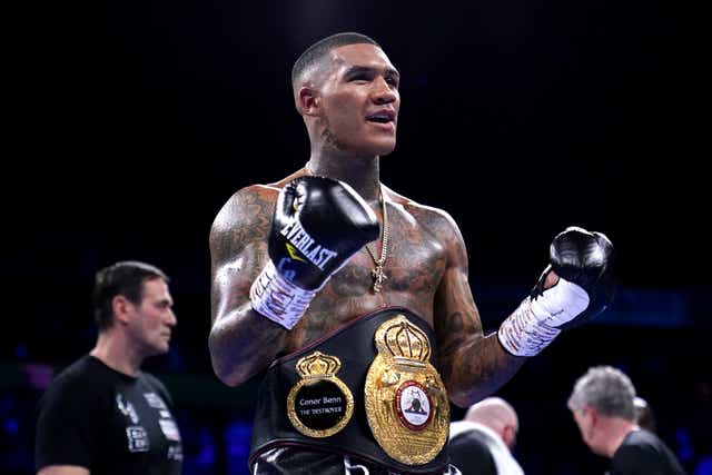 Conor Benn celebrates victory after knocking out Chris van Heerden in the World Boxing inside two rounds in Manchester (Zac Goodwin/PA)
