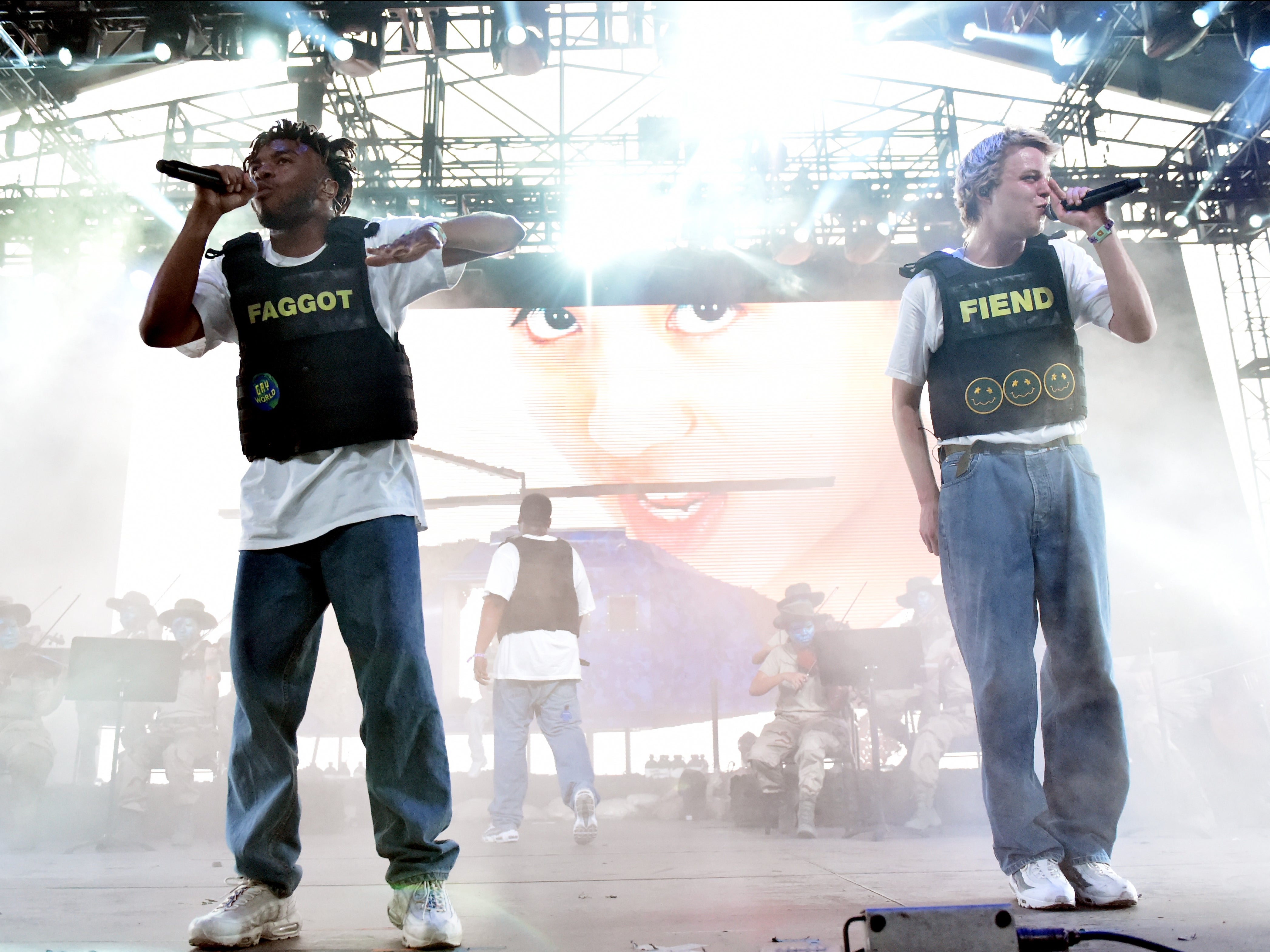 Brockhampton’s Kevin Abstract (L) and Russell Boring perform at Coachella in 2018
